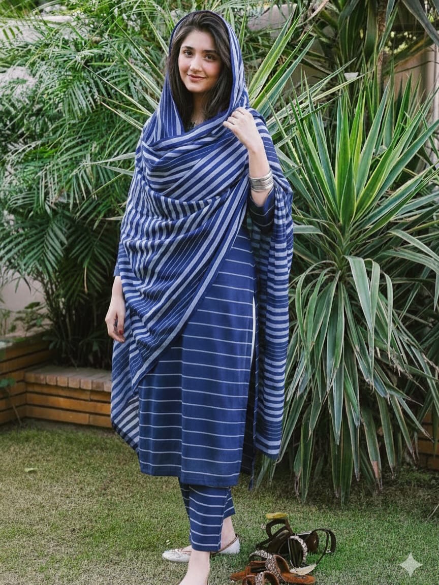 586681613_18067956494437314_6263223114146070867_n 💕 Embrace The Elegance of Multani Khaadi Marina Lining Shirt & Trouser & Paired with a Lining Jacquard Marina Khaadi Shawl 3 Pc 👗 - Image 1